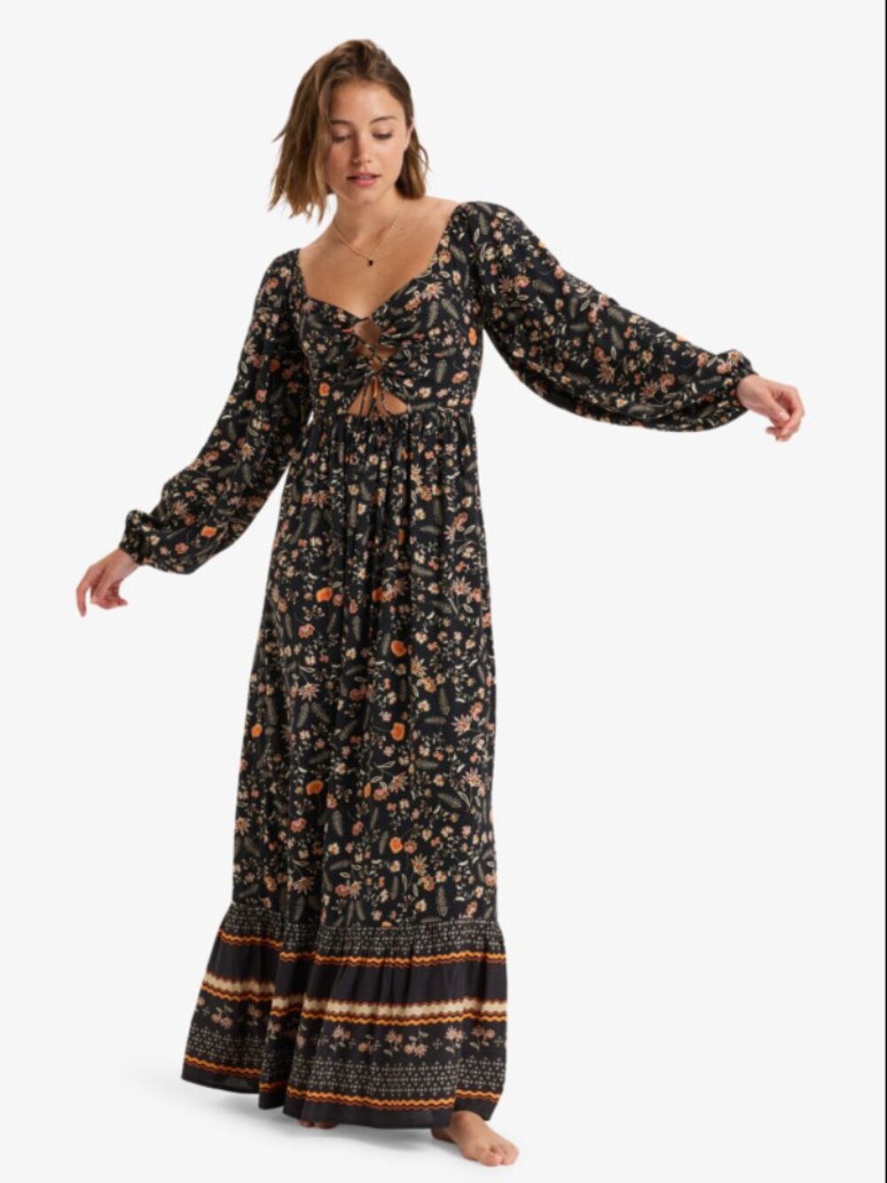 Roxy Holidaze Black Floral Cutout Maxi Dress Size Small